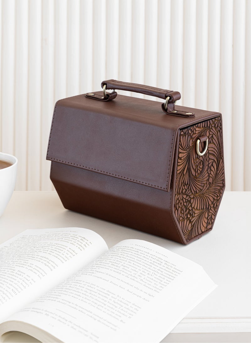 FABRICA KRAFT Fabricakraft handcrafted angelica brown leather bag with intricate wood carving  - Image 4