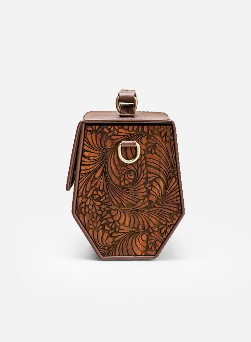 FABRICA KRAFT Fabricakraft handcrafted angelica brown leather bag with intricate wood carving  - Image 2