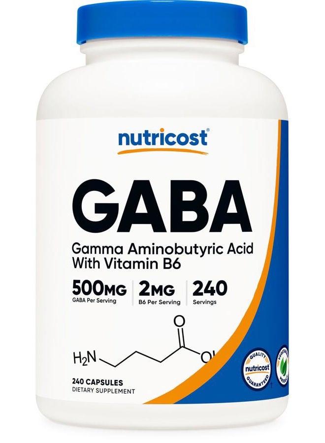 Nutricost GABA (Gamma Aminobutyric Acid) + Vitamin B6, 500mg per Serving, 240 Capsules - Image 1