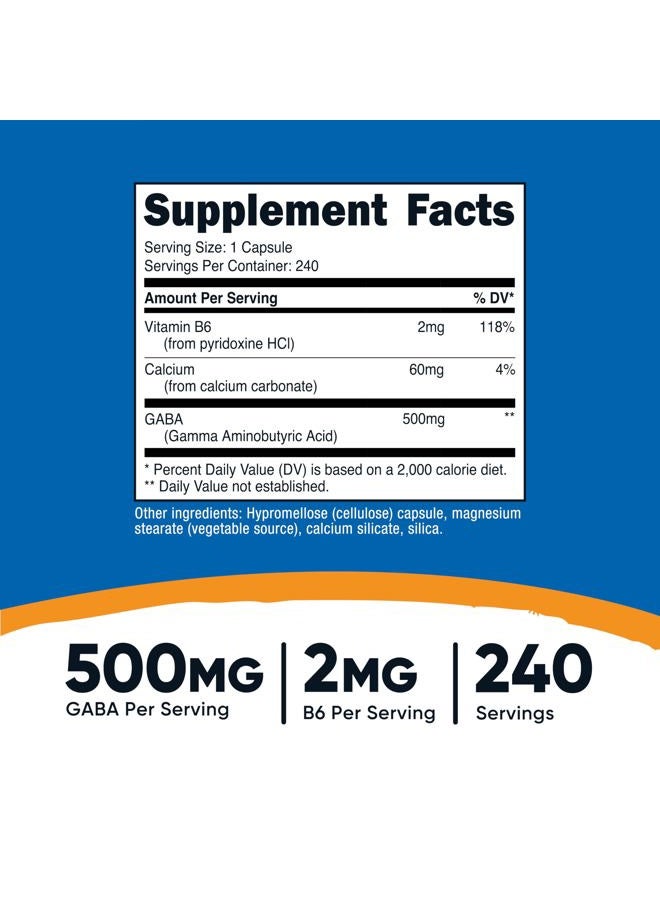 Nutricost GABA (Gamma Aminobutyric Acid) + Vitamin B6, 500mg per Serving, 240 Capsules - Image 2