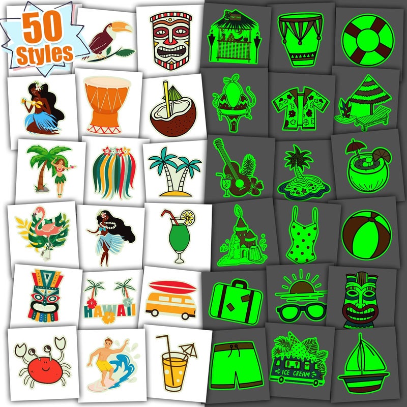 Partywind Glow Hawaiian Tattoos for Kids Party Decorations, Hawaiian Luau Party Supplies Favors Goodie Bag Stuffers, Fake Tattoo Stickers for Beach Pool Party Accessories (50 Styles)