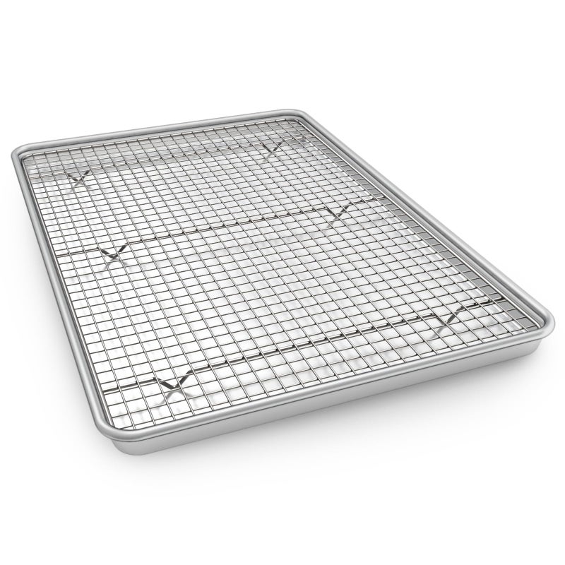 EWFEN Half Sheet Pans with Rack Set, 18 Inch Commercial Quality Baking Sheet Pan Set, Natural Aluminum Cookie Sheet, Warp Resistant Nonstick Thick Cookie Tray Pans for Baking, Roasting - Image 1
