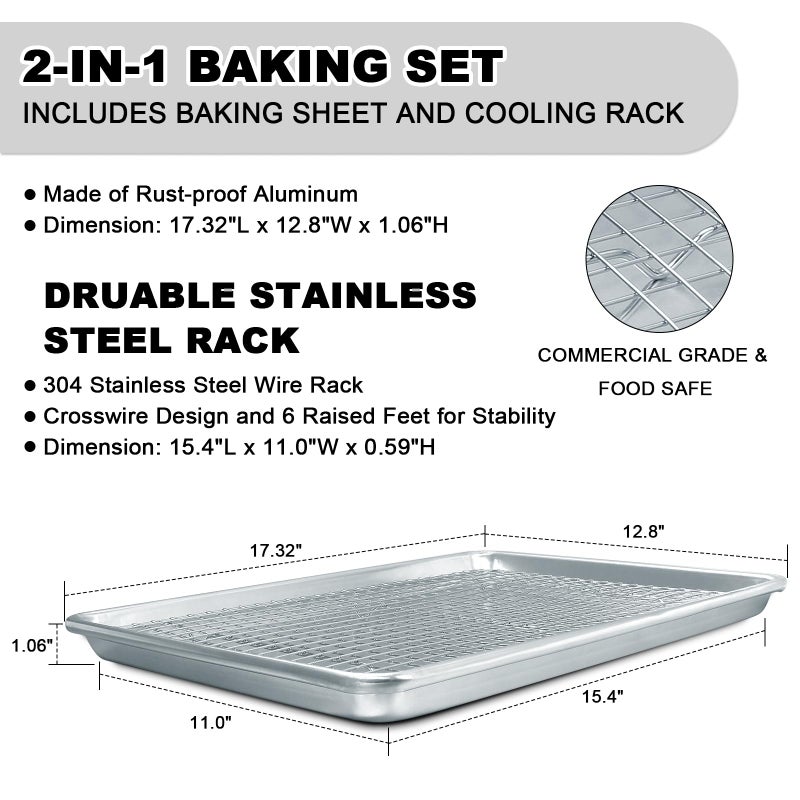 EWFEN Half Sheet Pans with Rack Set, 18 Inch Commercial Quality Baking Sheet Pan Set, Natural Aluminum Cookie Sheet, Warp Resistant Nonstick Thick Cookie Tray Pans for Baking, Roasting - Image 2