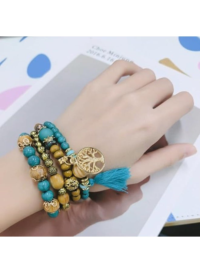 Goolsky سوار بوهيمي متعدد الطبقات مع خرزات مزخرفة يدويًا على شكل شجرة تركواز - طراز عتيق وإثني، سبيكة، مثالي للملابس الكاجوال - Image 4