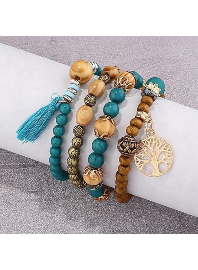 Goolsky سوار بوهيمي متعدد الطبقات مع خرزات مزخرفة يدويًا على شكل شجرة تركواز - طراز عتيق وإثني، سبيكة، مثالي للملابس الكاجوال - Image 3