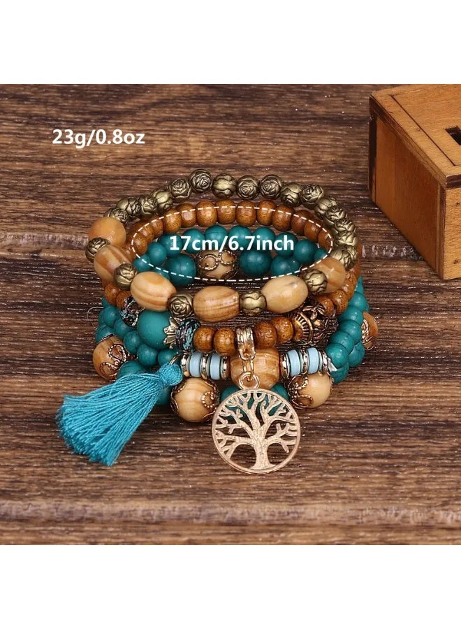 Goolsky سوار بوهيمي متعدد الطبقات مع خرزات مزخرفة يدويًا على شكل شجرة تركواز - طراز عتيق وإثني، سبيكة، مثالي للملابس الكاجوال - Image 5