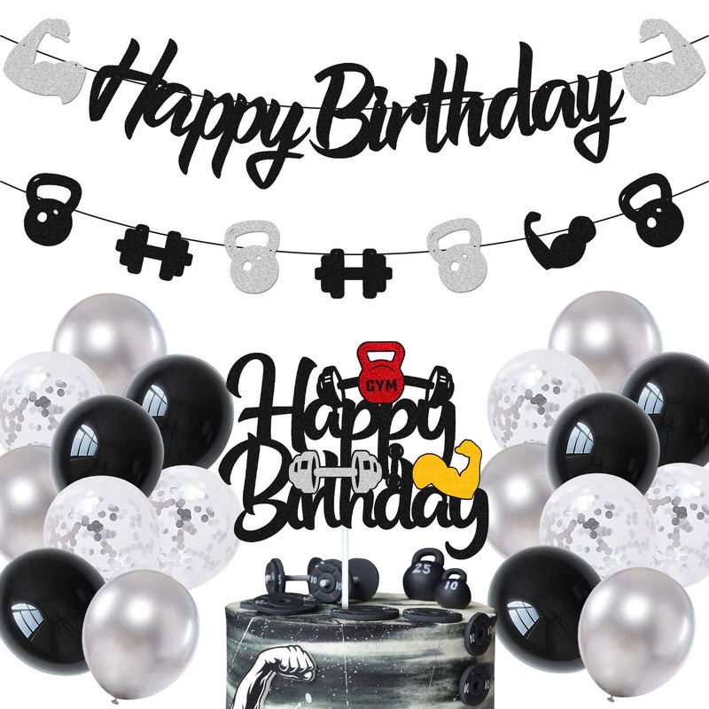 YOYMARR Gym Birthday Decorations Weightlifting Happy Birthday Banner Cake Topper Black Gray Latex Balloons for Gym Weight Lifting Cross Fit Fitness Themed Bday Party Supplies - Image 2
