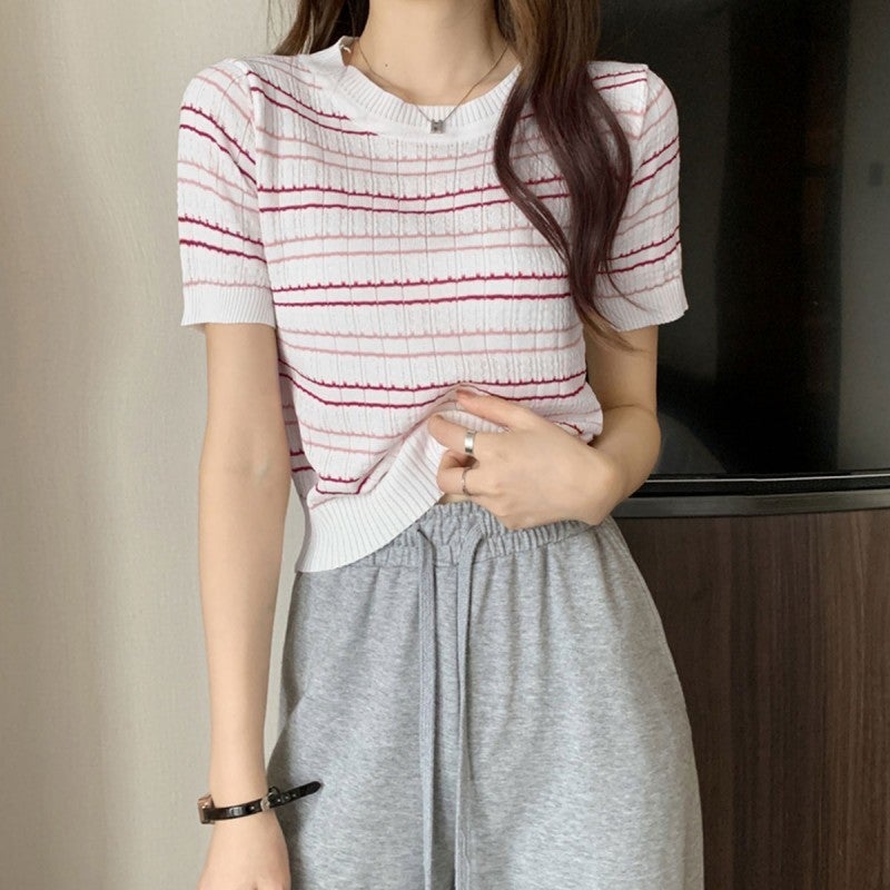 2024 Arrival Striped Thin Knitted Short-Sleeved T-Shirt Women'S Fashion Stylish Short Top Base Shirt Trendy - Image 3