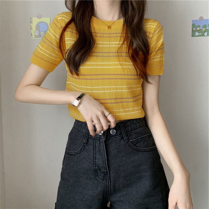 2024 Arrival Striped Thin Knitted Short-Sleeved T-Shirt Women'S Fashion Stylish Short Top Base Shirt Trendy - Image 5