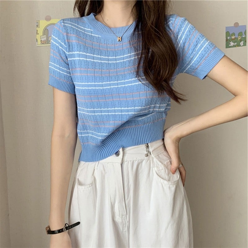 2024 Arrival Striped Thin Knitted Short-Sleeved T-Shirt Women'S Fashion Stylish Short Top Base Shirt Trendy - Image 4