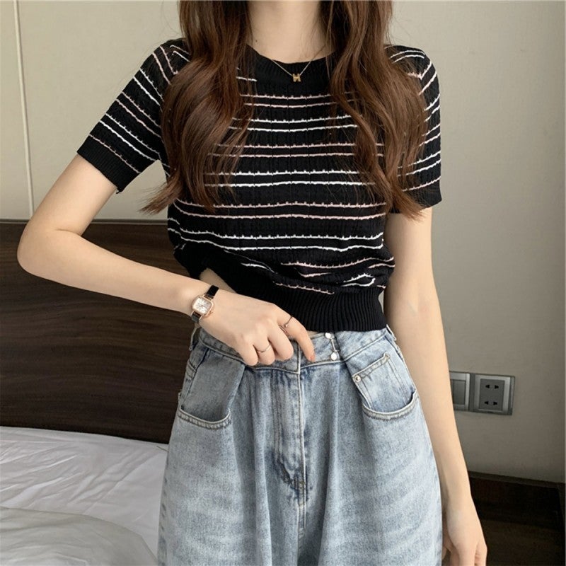 2024 Arrival Striped Thin Knitted Short-Sleeved T-Shirt Women'S Fashion Stylish Short Top Base Shirt Trendy - Image 2