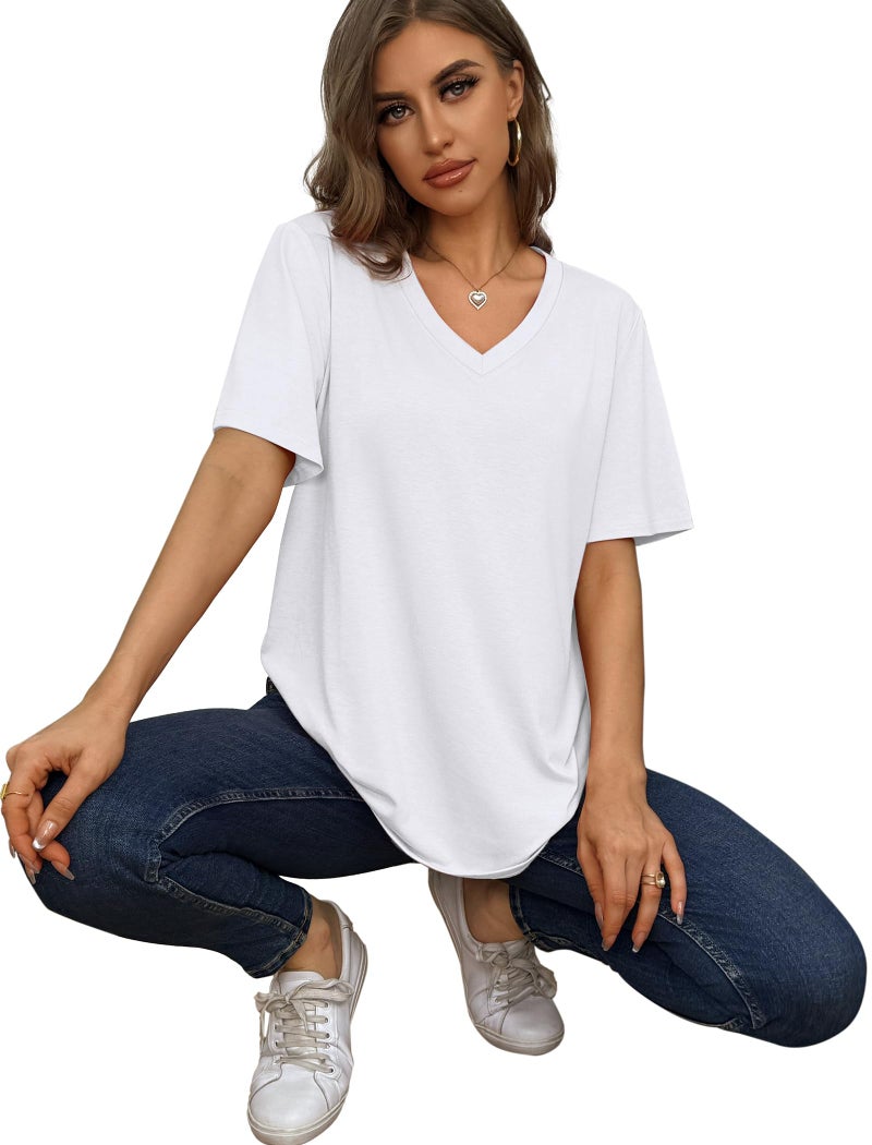 Aokosor Summer Tops for Women Short Sleeve Shirts V Neck T-Shirts Plus Size Business Casual Cruise Outfits Vacation Beach Clothes White XL - Image 4