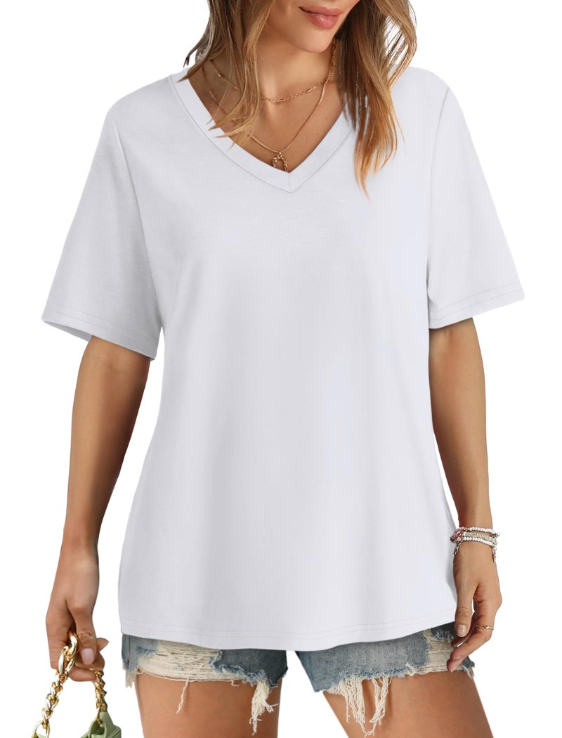 Aokosor Summer Tops for Women Short Sleeve Shirts V Neck T-Shirts Plus Size Business Casual Cruise Outfits Vacation Beach Clothes White XL - Image 2