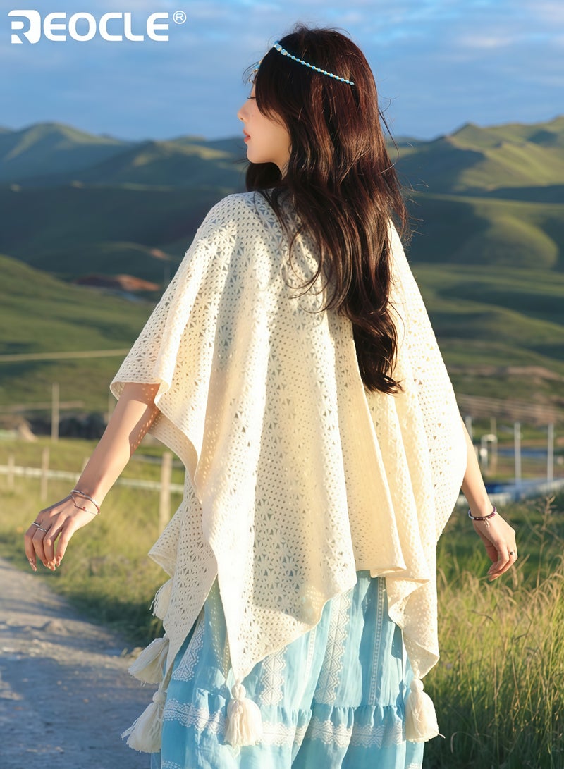 ريوكل كارديغان نسائي بتصميم عتيق مع حواف بوهيمية وتصميم مفتوح، شال عطلة بأناقة فنية للارتداء غير الرسمي - Image 3