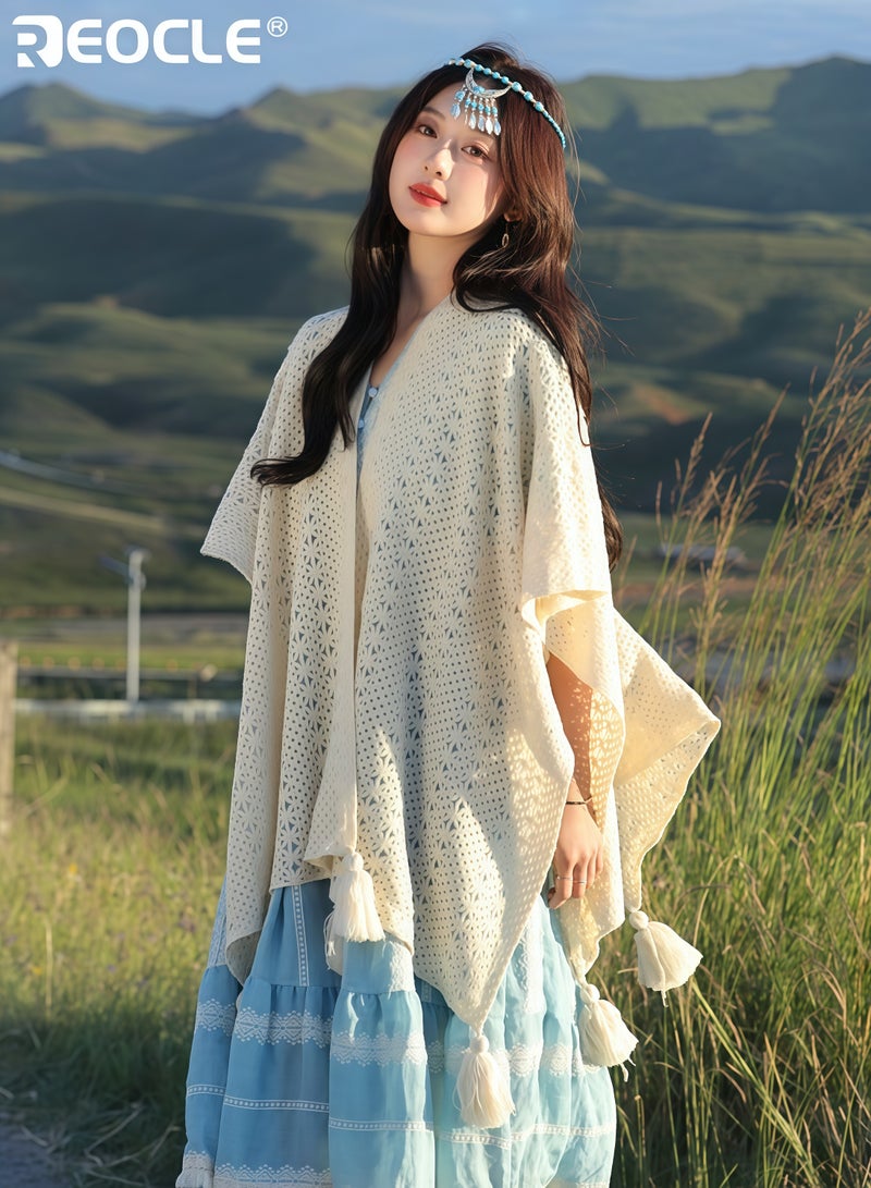 ريوكل كارديغان نسائي بتصميم عتيق مع حواف بوهيمية وتصميم مفتوح، شال عطلة بأناقة فنية للارتداء غير الرسمي - Image 2