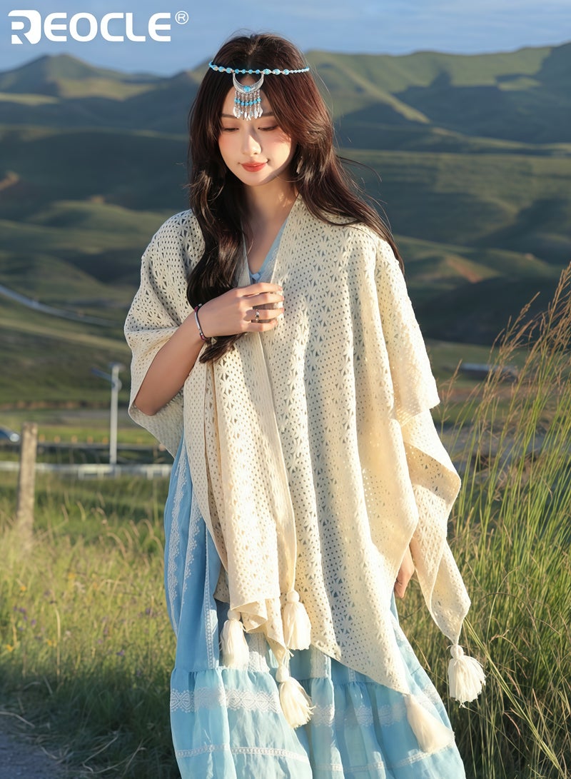 ريوكل كارديغان نسائي بتصميم عتيق مع حواف بوهيمية وتصميم مفتوح، شال عطلة بأناقة فنية للارتداء غير الرسمي - Image 4