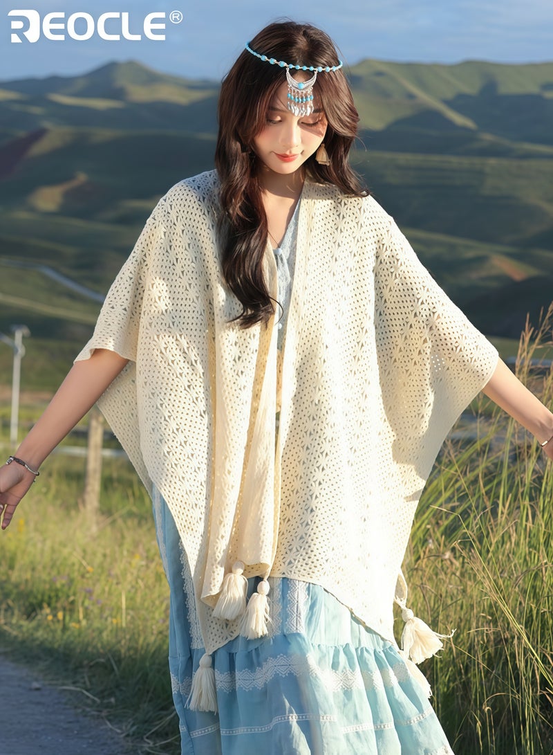 ريوكل كارديغان نسائي بتصميم عتيق مع حواف بوهيمية وتصميم مفتوح، شال عطلة بأناقة فنية للارتداء غير الرسمي - Image 2