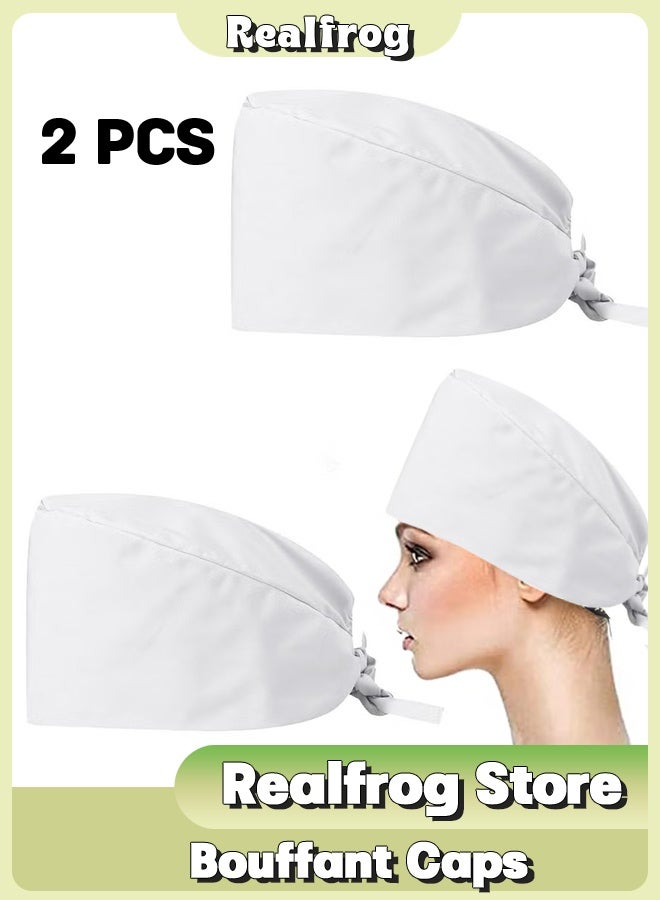 Realfrog Pack of 2 Surgical Caps for Female and Male, Cotton Nursing Cap, Working Cap,Adjustable Cotton Working Hats,Sweatband Cotton Ponytail Holder, Long Hair Head Covers Hair Caps,White Nurse hat - Image 1