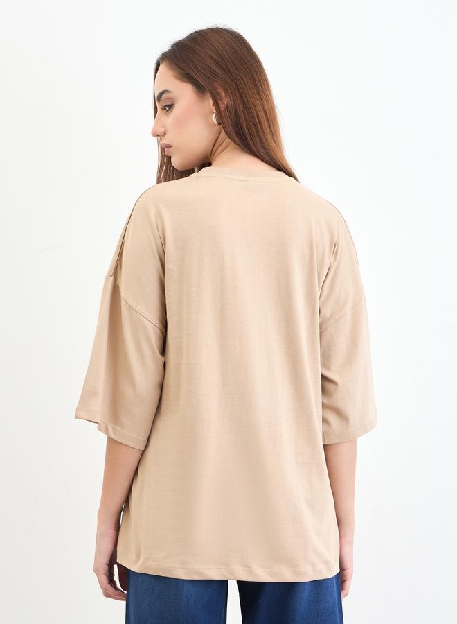 Styli Beige Slogan Print Oversized T-Shirt - Image 5