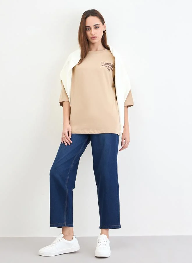 Styli Beige Slogan Print Oversized T-Shirt