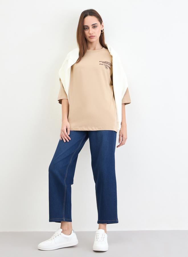 Styli Beige Slogan Print Oversized T-Shirt - Image 2