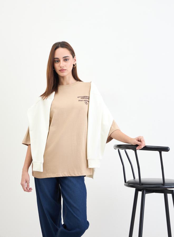 Styli Beige Slogan Print Oversized T-Shirt - Image 3