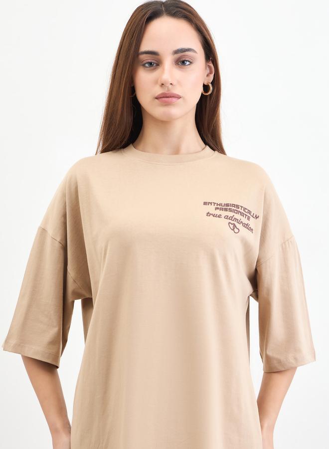 Styli Beige Slogan Print Oversized T-Shirt - Image 4