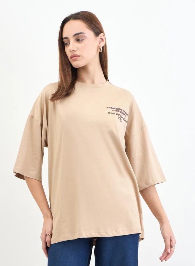 Beige Slogan Print Oversized T-Shirt