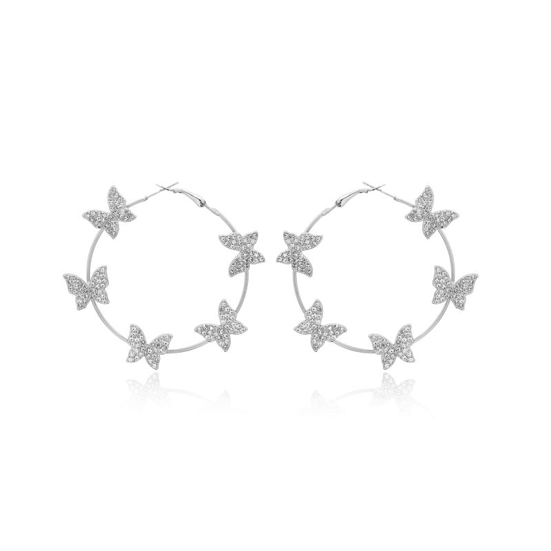 HTH Butterfly Hoop Earrings for Women Big Hoop Cubic Zirconia Butterfly Earrings Spring Summer Jewelry(Silver) - Image 1