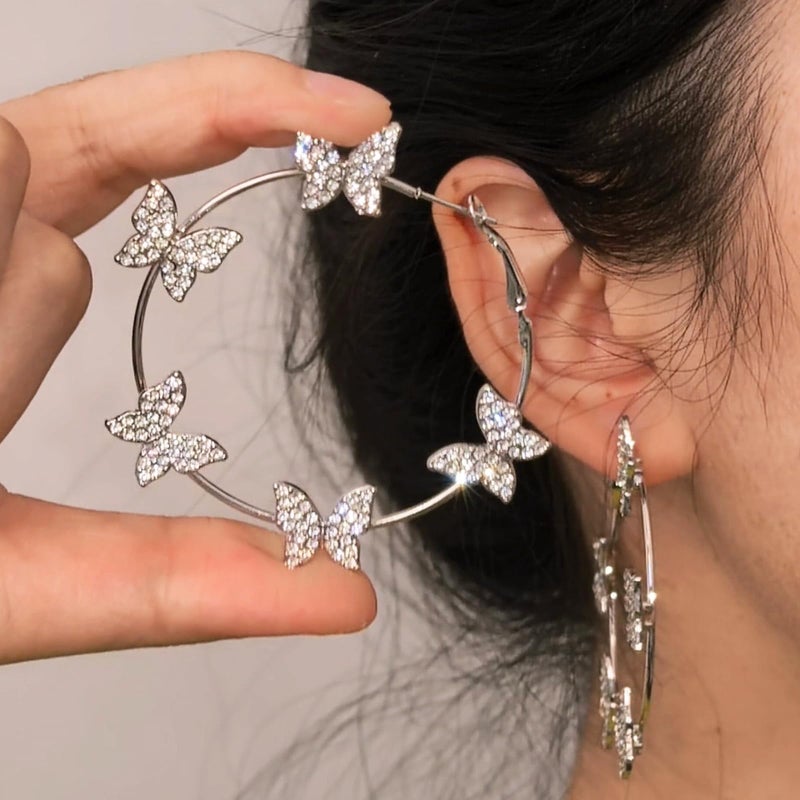 HTH Butterfly Hoop Earrings for Women Big Hoop Cubic Zirconia Butterfly Earrings Spring Summer Jewelry(Silver) - Image 2