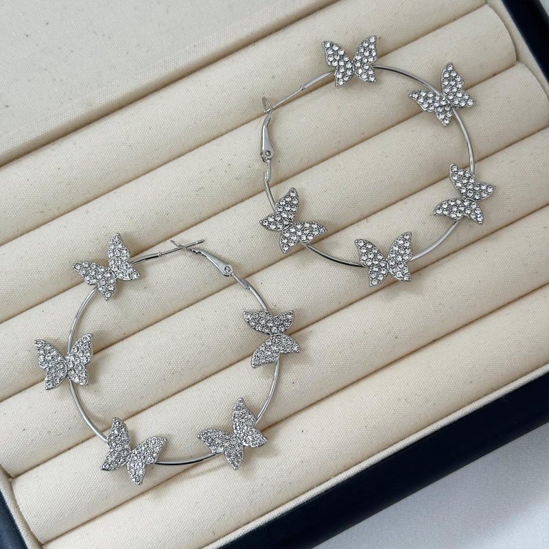 HTH Butterfly Hoop Earrings for Women Big Hoop Cubic Zirconia Butterfly Earrings Spring Summer Jewelry(Silver) - Image 5