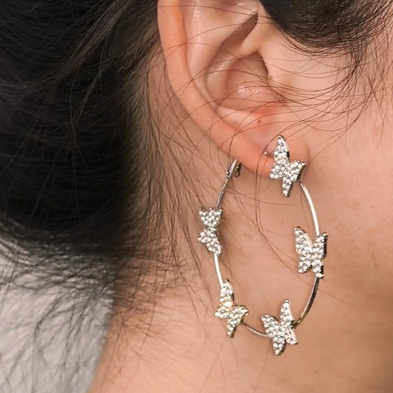 HTH Butterfly Hoop Earrings for Women Big Hoop Cubic Zirconia Butterfly Earrings Spring Summer Jewelry(Silver) - Image 3