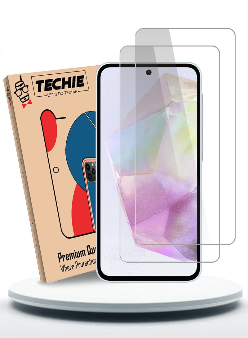 Techie 2 Pack HD Tempered Glass Screen Protector for Samsung Galaxy A35 - Anti Reflection Anti Bubbles 9H Hardness 0.33 mm Rounded Edges Easy Installation - Image 1