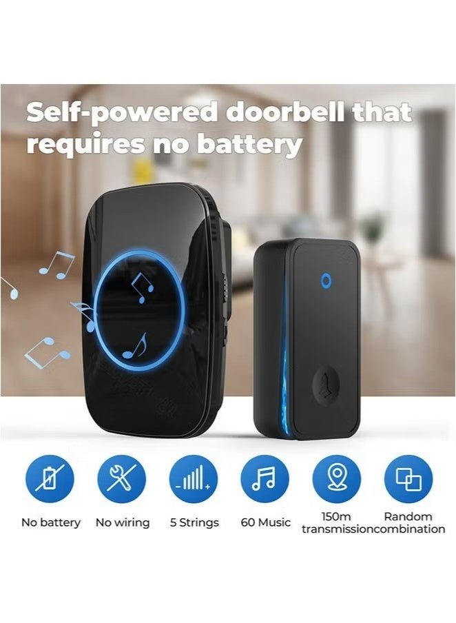 YOUGE Intelligent Wireless Doorbell for Home, Hotel, Office, Apartment, Waterproof Smart Doorbell with LED Flash Black 1 Transmitters, 2 Receiver - Image 2
