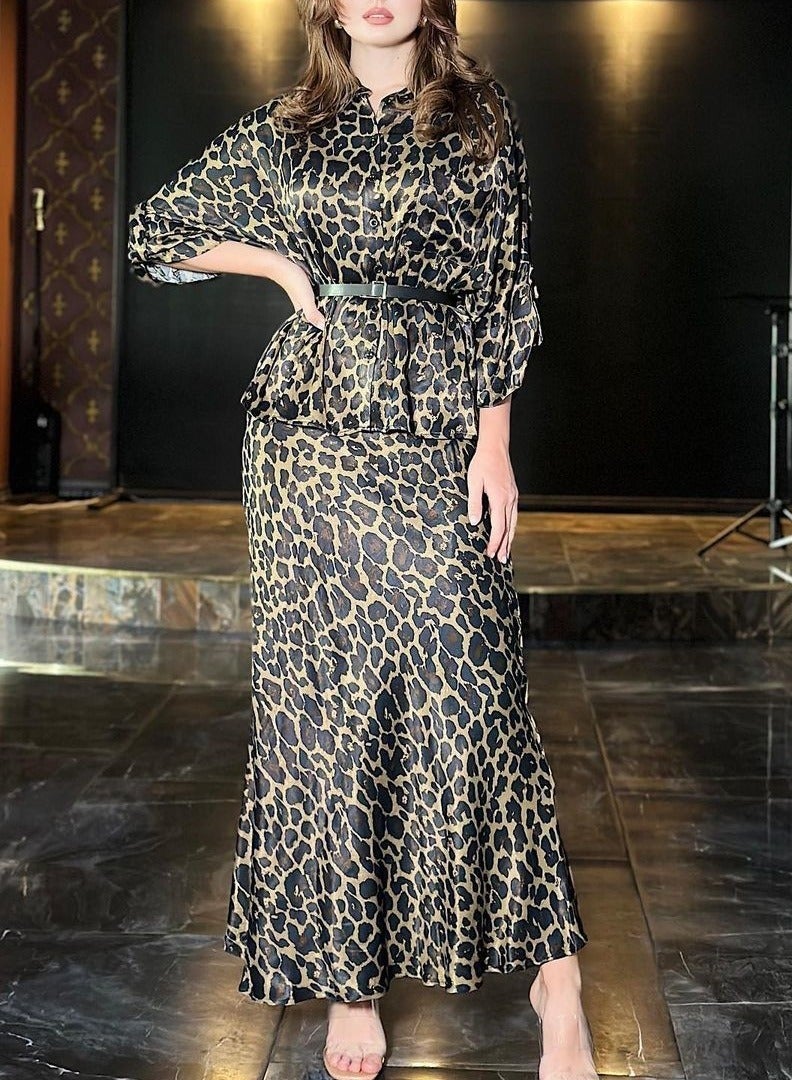 Shougu New Fashionable Leopard Print Long Sleeved Shirt And Skirt Set  - Image 3