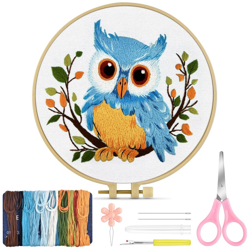 TINDTOP Embroidery Kit for Beginners Adult Owl Embroidery Kit for Beginners Include Embroidery Cloth Hoops Threads for Craft Lover Hand Stitch with Embroidery Skill Techniques