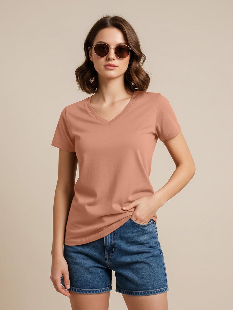 JUNEBERRY Women Solid V Neck Pure Cotton T-Shirt - Image 2