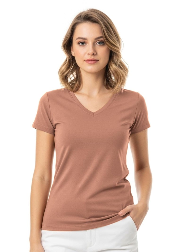 JUNEBERRY Women Solid V Neck Pure Cotton T-Shirt - Image 1