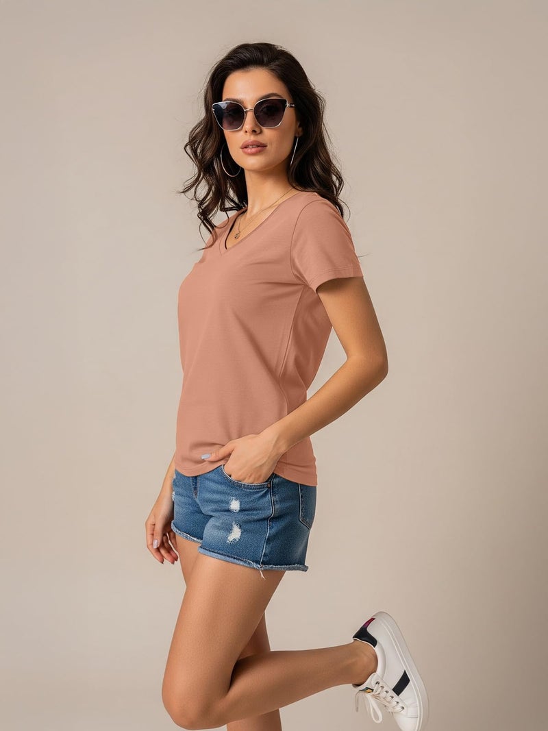 JUNEBERRY Women Solid V Neck Pure Cotton T-Shirt - Image 5