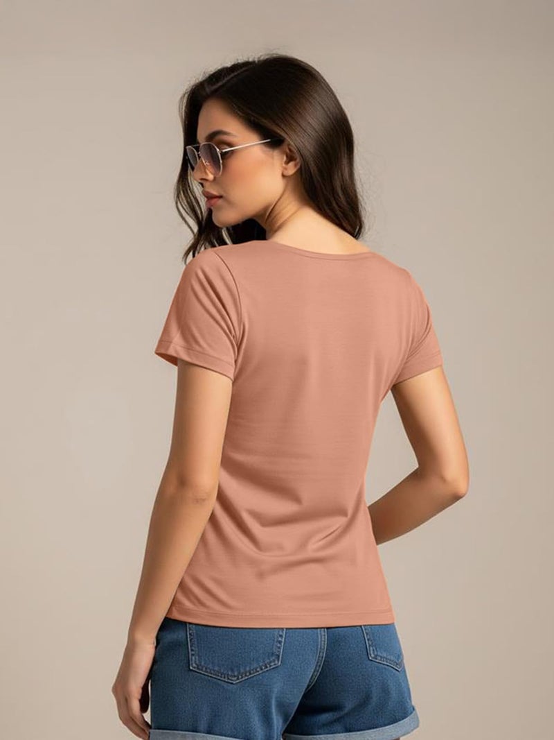 JUNEBERRY Women Solid V Neck Pure Cotton T-Shirt - Image 3