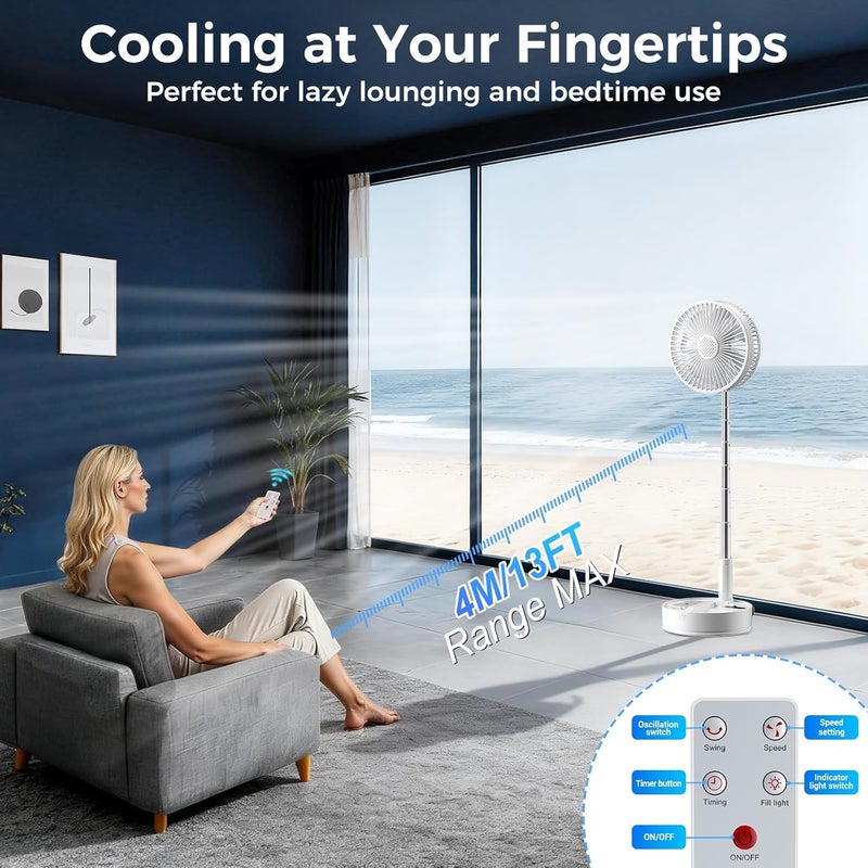 Marchpower Foldable Standing Fan with Night Lights Portable Rechargeable Fan 7200mAh with Remote Adjustable Height 4-Speed Quiet Pedestal Floor Fan for Bedroom Travel Fishing Beach Camping 8'' - Image 5