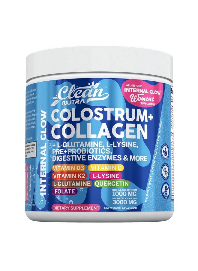 Clean Nutraceuticals Bovine Colostrum+Collagen Peptides Powder| L-Glutamine L-Lysine Prebiotics Probiotics Digestive Enzymes Vitamin D K2 Vitamin C Quercetin & Folate|Gut Health Supplement Internal Glow By Clean Nutra (1) - Image 1