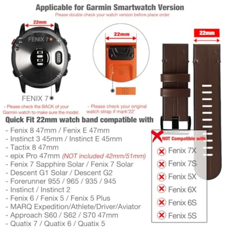 أحزمة ساعة Abanen الجلدية لـ Fenix ​​6/ Fenix ​​5/ Fenix ​​7، QuickFit 22 مم جلد طبيعي ناعم مع حزام معصم سيليكون مقاوم للتعرق لـ Garmin Fenix ​​6 Pro/Sapphire، Instinct، EPIX 2، Approach S62/S60 - Image 3