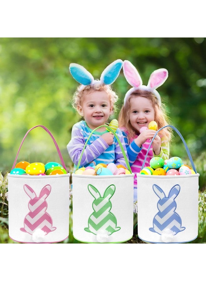 AOUTACC 3 Pack Easter Bunny Baskets, Easter Egg Hunt Bunny Bags Little Baskets with Fluffy Tail Canvas Cotton Rabbit Handbag Bucket Tote Bag for Kids Girls (Style 3,Pink + Green + Blue) - Image 3
