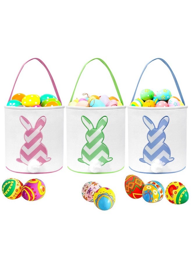AOUTACC 3 Pack Easter Bunny Baskets, Easter Egg Hunt Bunny Bags Little Baskets with Fluffy Tail Canvas Cotton Rabbit Handbag Bucket Tote Bag for Kids Girls (Style 3,Pink + Green + Blue) - Image 1
