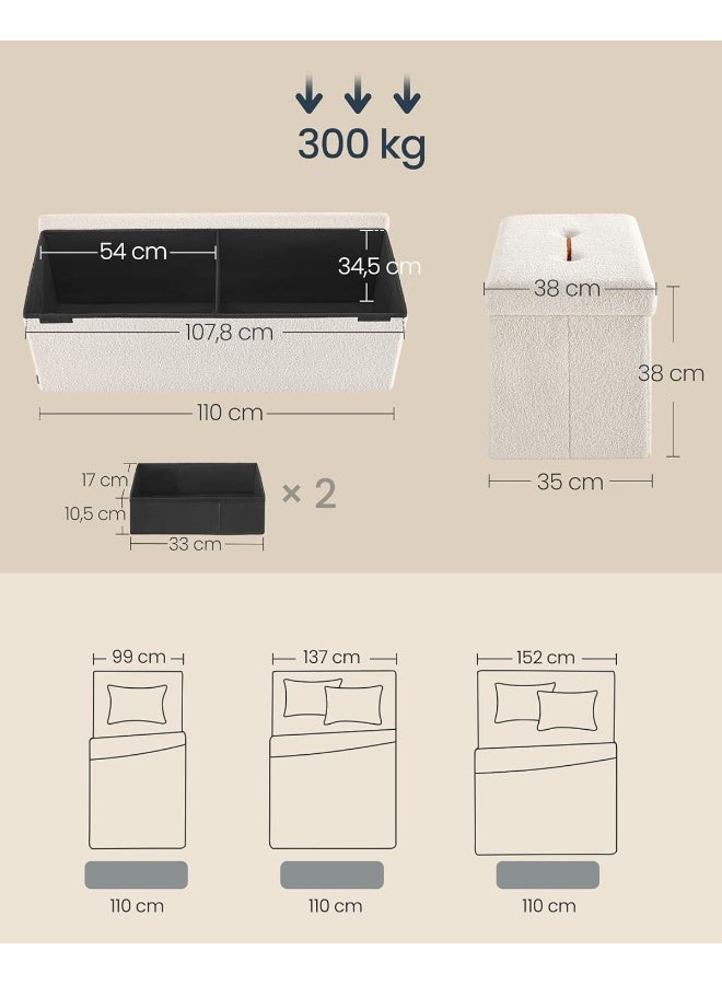 SONGMICS HOME Stool with Storage Space, Foldable Stool, 38 x 110 x 38 cm, Footstool, Bench, Bed Bench, Storage Box, Maximum Load 300 kg, Living Room, Bedroom, Hallway, Cream White - Image 3