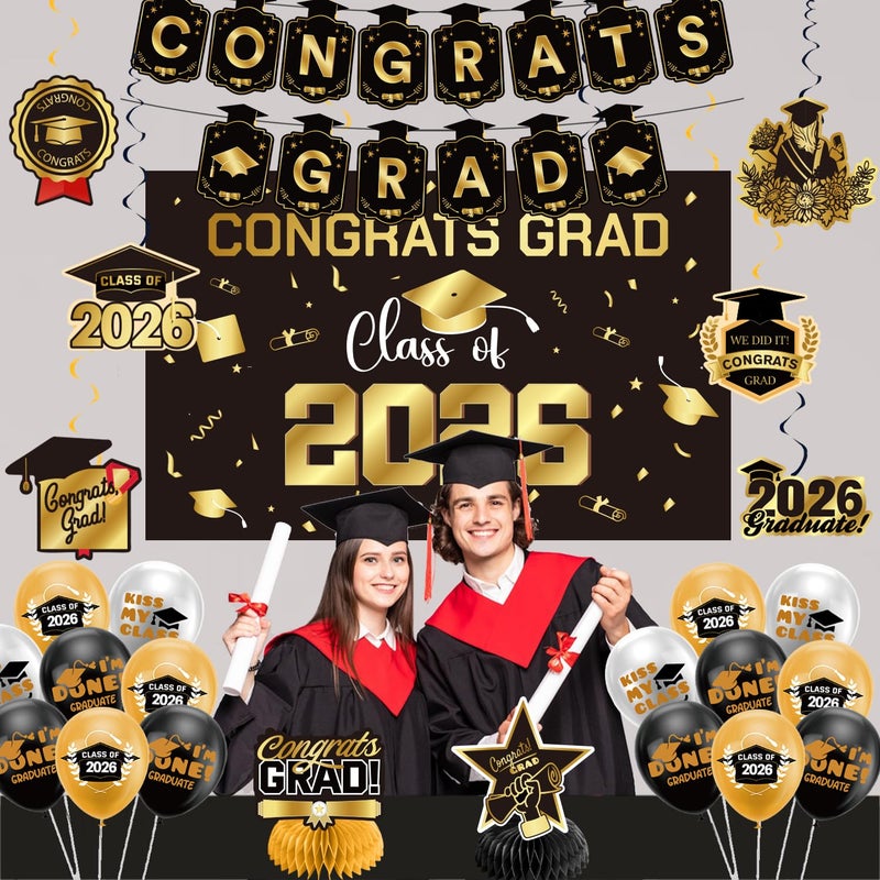 Zerunyiw Graduation Decorations 2026 Gold Themed Set - Congrats Grad Banner, Class of 2026 Backdrop, Balloons & Streamers Kit - Complete Party Supplies for High School & College Celebrations - Image 2