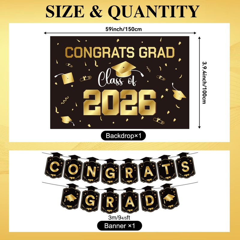 Zerunyiw Graduation Decorations 2026 Gold Themed Set - Congrats Grad Banner, Class of 2026 Backdrop, Balloons & Streamers Kit - Complete Party Supplies for High School & College Celebrations - Image 3