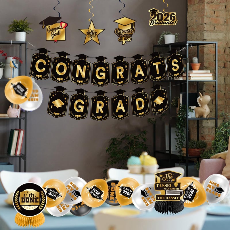 Zerunyiw Graduation Decorations 2026 Gold Themed Set - Congrats Grad Banner, Class of 2026 Backdrop, Balloons & Streamers Kit - Complete Party Supplies for High School & College Celebrations - Image 5