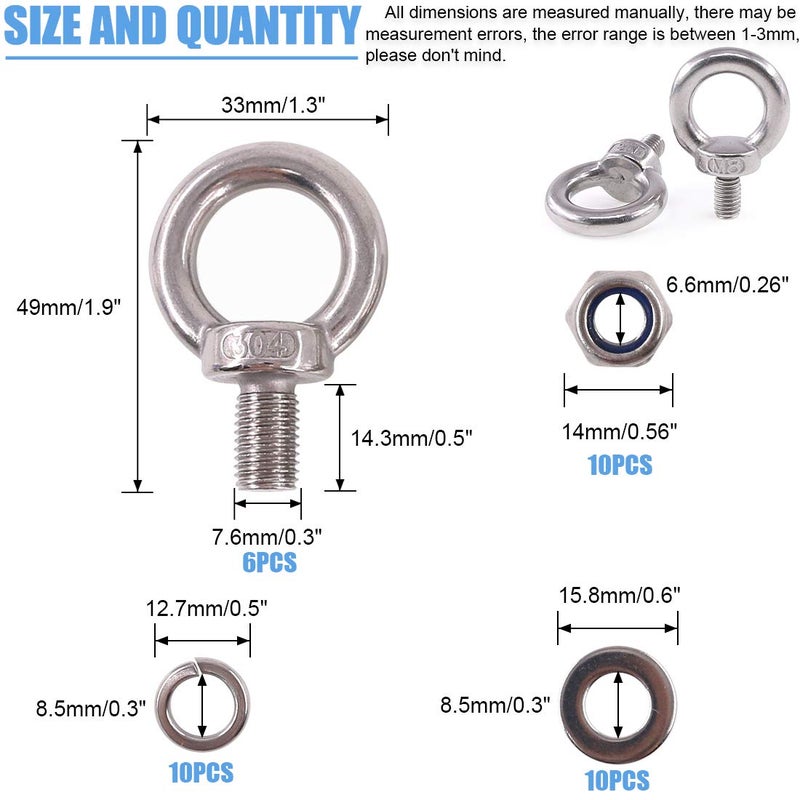 Glarks 36Pcs 304 Stainless Steel M8 Male Thread Machinery Shoulder Lifting Ring Eye Bolt with Lock Nuts/Lock Washers/Flat Washers Set - Image 2